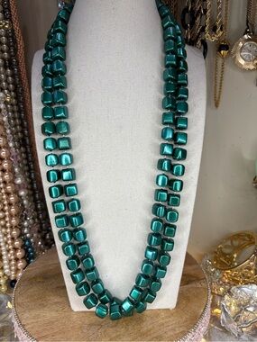 Vintage Long Metallic Lucite Beaded Necklace Single Strand Jewelry Square Beads
